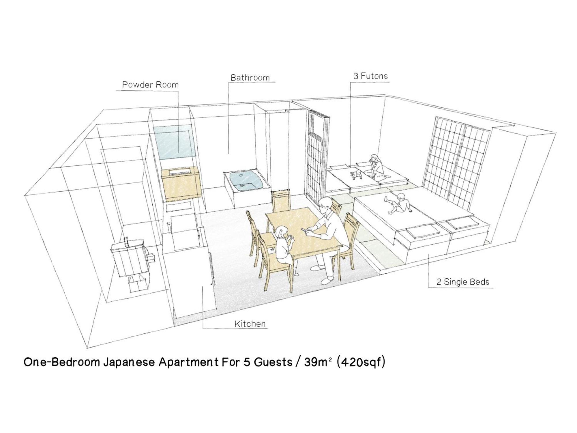 One-Bedroom Japanese Apartment  For 5